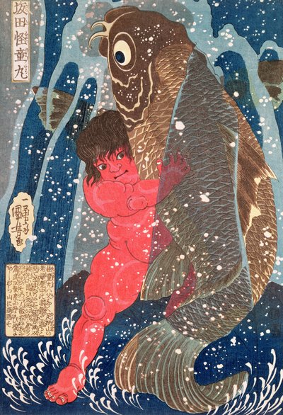 Kintoki schwimmt den Wasserfall hinauf von Utagawa Kuniyoshi